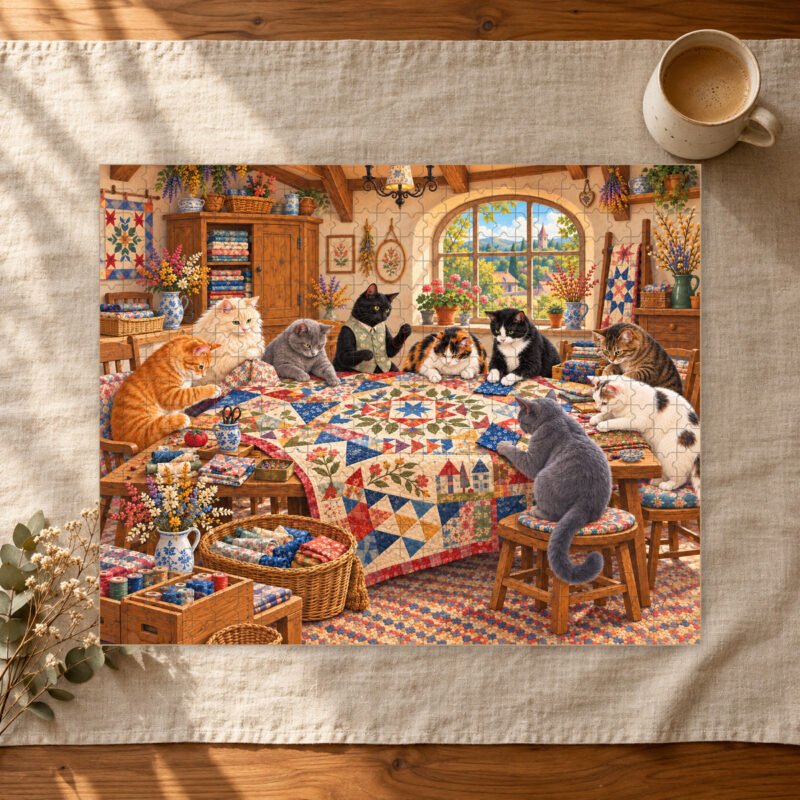 Nine Lives Quilting Bee Puzzle Cozy Cat Jigsaw Cottagecore Cat Lover Gift 110 252 520 1014 Pieces