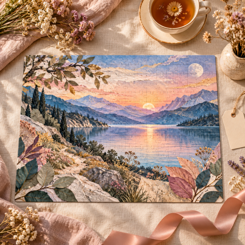 Quiet Lake scenic jigsaw puzzle for adults mountain sunset art