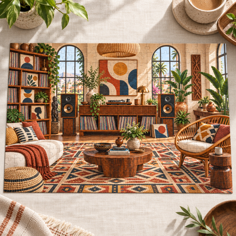 Afrohemian Listening Parlor Puzzle Retro Record Room Jigsaw Gift for Music Lovers 110 to 1014 Pieces