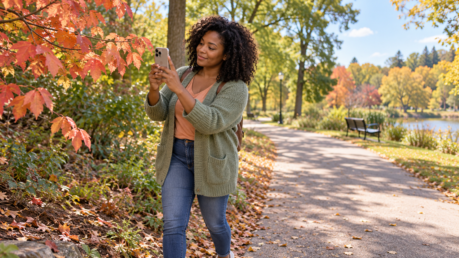 Woman in a sage cardigan using her phone to photograph autumn leaves beside a park path.