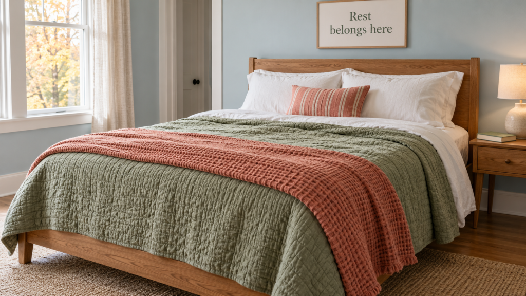 Oak bed layered with white sheets, a sage quilt and coral waffle blanket beneath a print reading Rest belongs here.