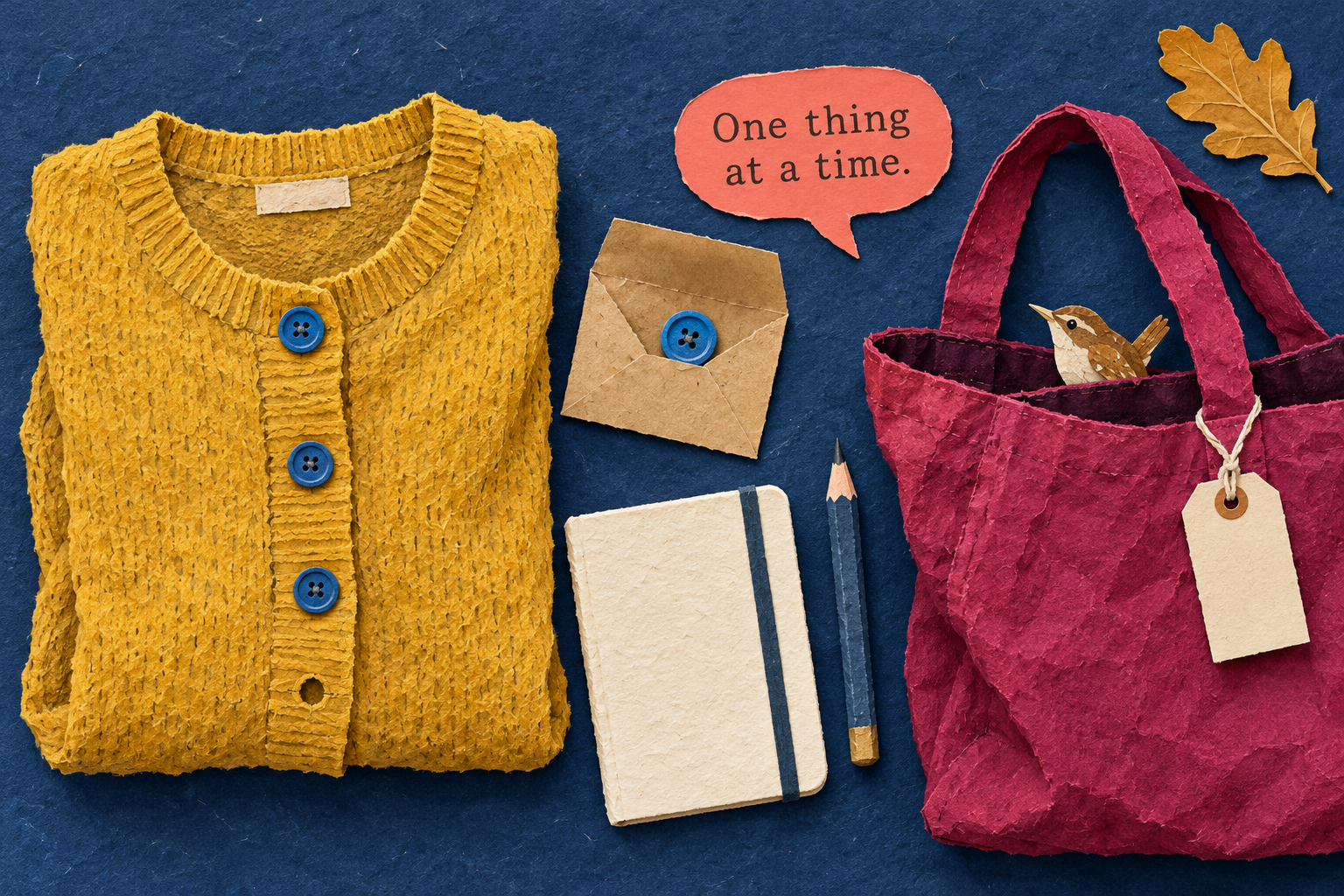 Paper collage of a cardigan, loose button, notebook and berry tote with a note reading “One thing at a time.”