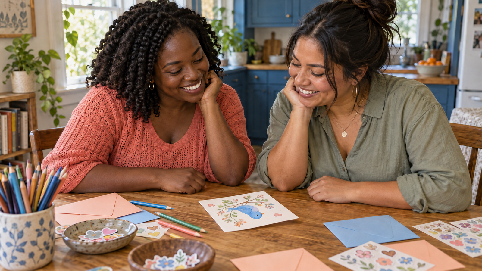 Two women smiling over a handmade bird card at a kitchen table with colorful envelopes, pencils and stickers.