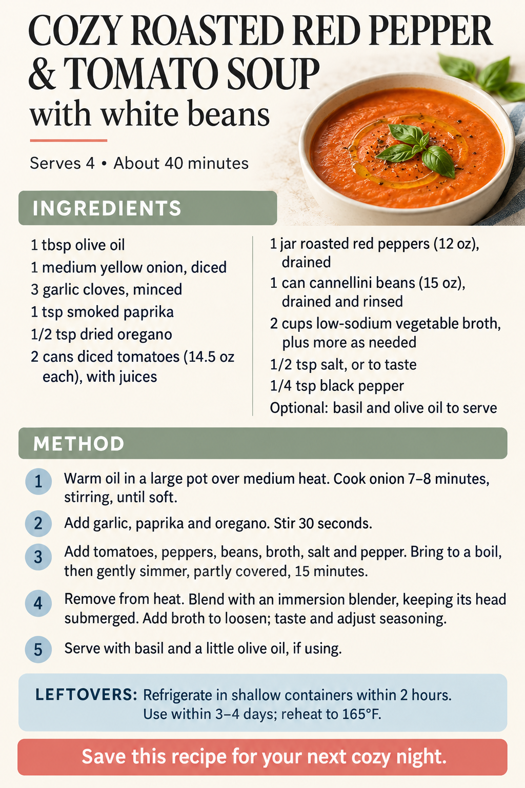 Saveable recipe card for roasted red pepper and tomato soup with white beans, serving four in about forty minutes; full recipe also appears in the article.