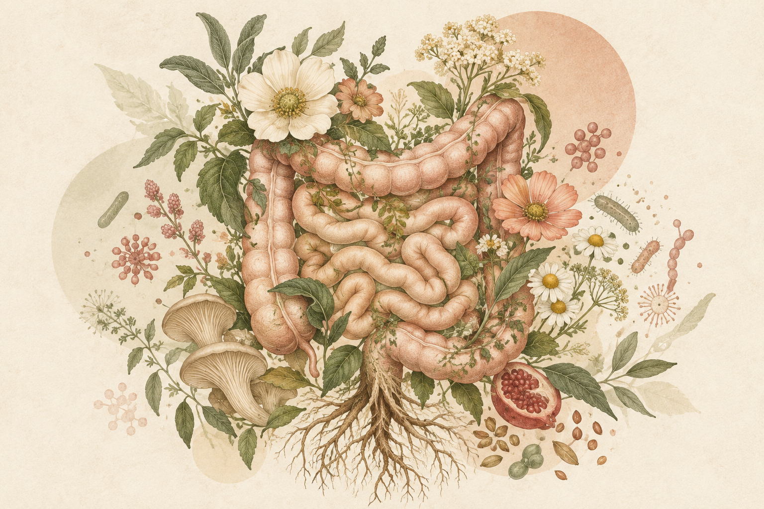 Gentle digestive and nervous system illustration showing the living communication network of the gut