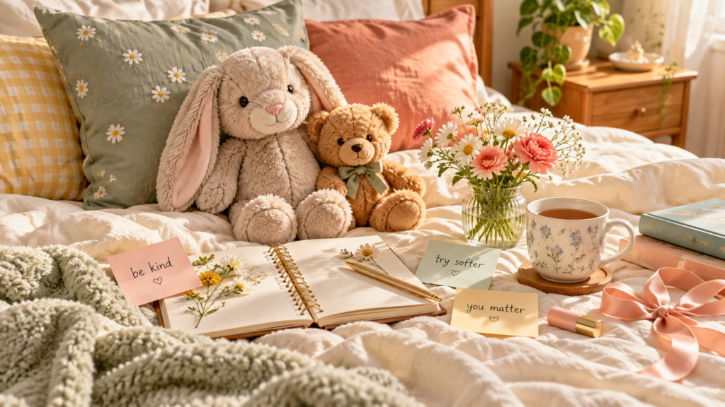 Cozy self-love corner with soft decor and a small comforting plush companion