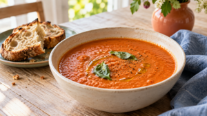 Ivory bowl of red pepper and tomato soup with basil and olive oil, beside toasted bread and a blue napkin.