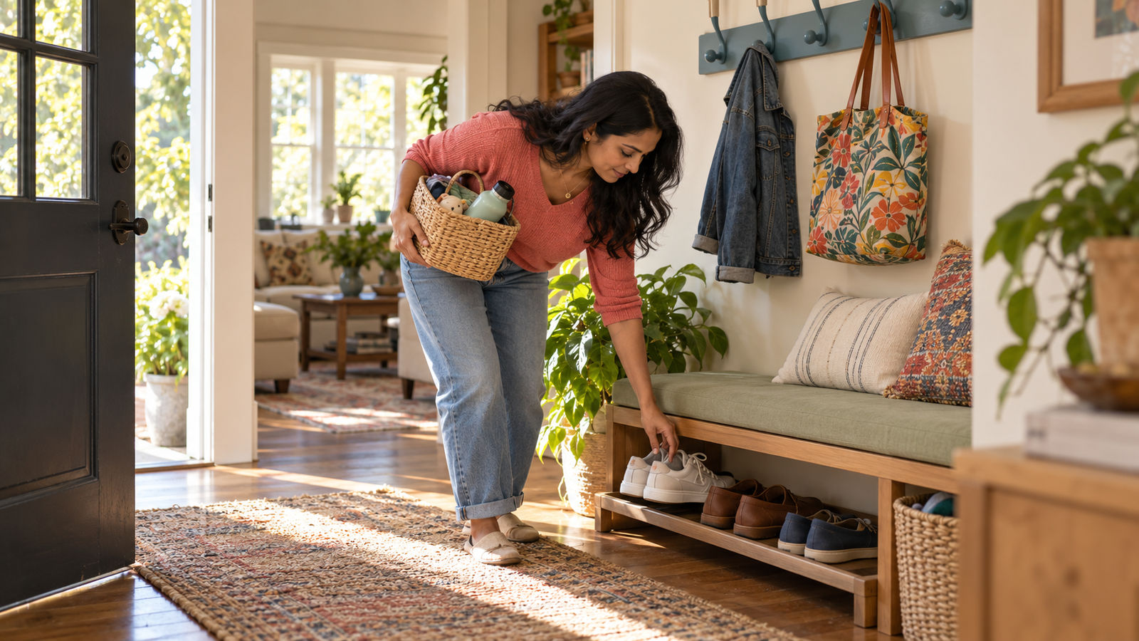 Woman placing shoes on a low rack while carrying a small basket in a sunny entryway.