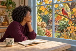 Woman in a plum sweater watching a red cardinal through a blue-framed window, with a notebook on the table.