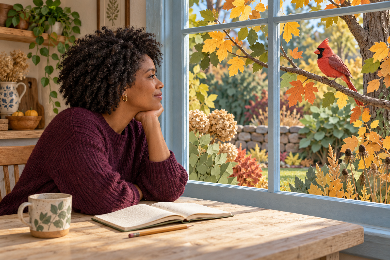 Woman in a plum sweater watching a red cardinal through a blue-framed window, with a notebook on the table.