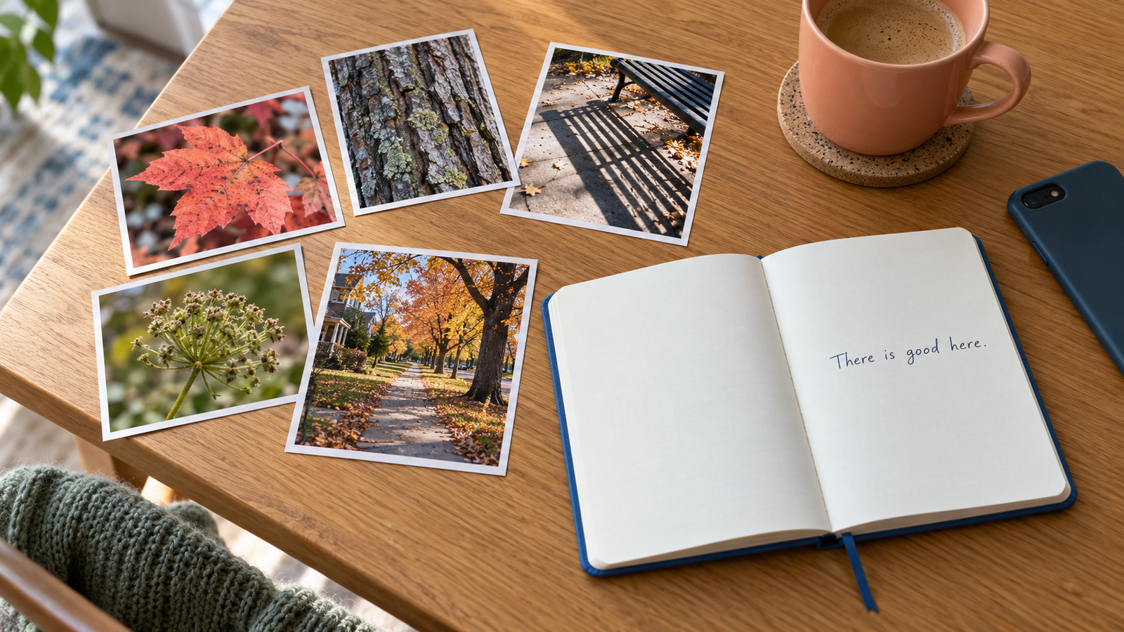 Five small autumn photo prints beside an open notebook reading There is good here.