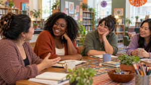 Four diverse millennial women talking around a library table with notebooks and drinks