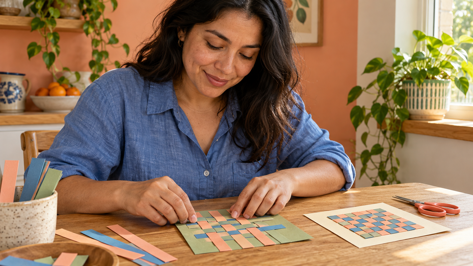 Woman looking down while arranging colorful paper weaving at a sunny kitchen table.