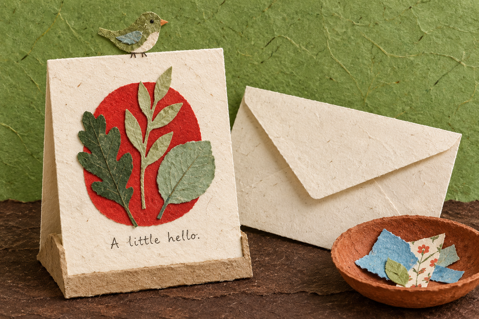 Botanical paper-collage greeting card reading A little hello beside an envelope, paper bird and dish of scraps.