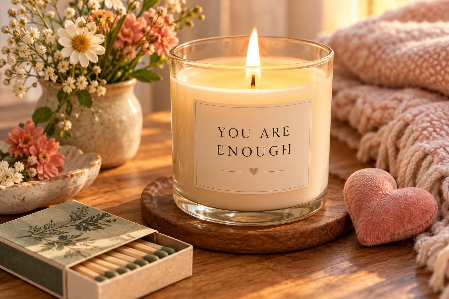 Lit candle labeled You Are Enough beside flowers and matches