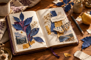 An open notebook with layered blue paper leaves, a moth and a note reading Keep the good bits.