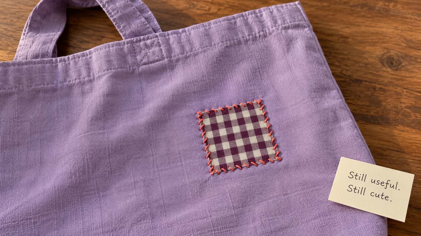 Close-up of a gingham patch attached with coral edge stitches to a lilac tote beside a note reading Still useful. Still cute.
