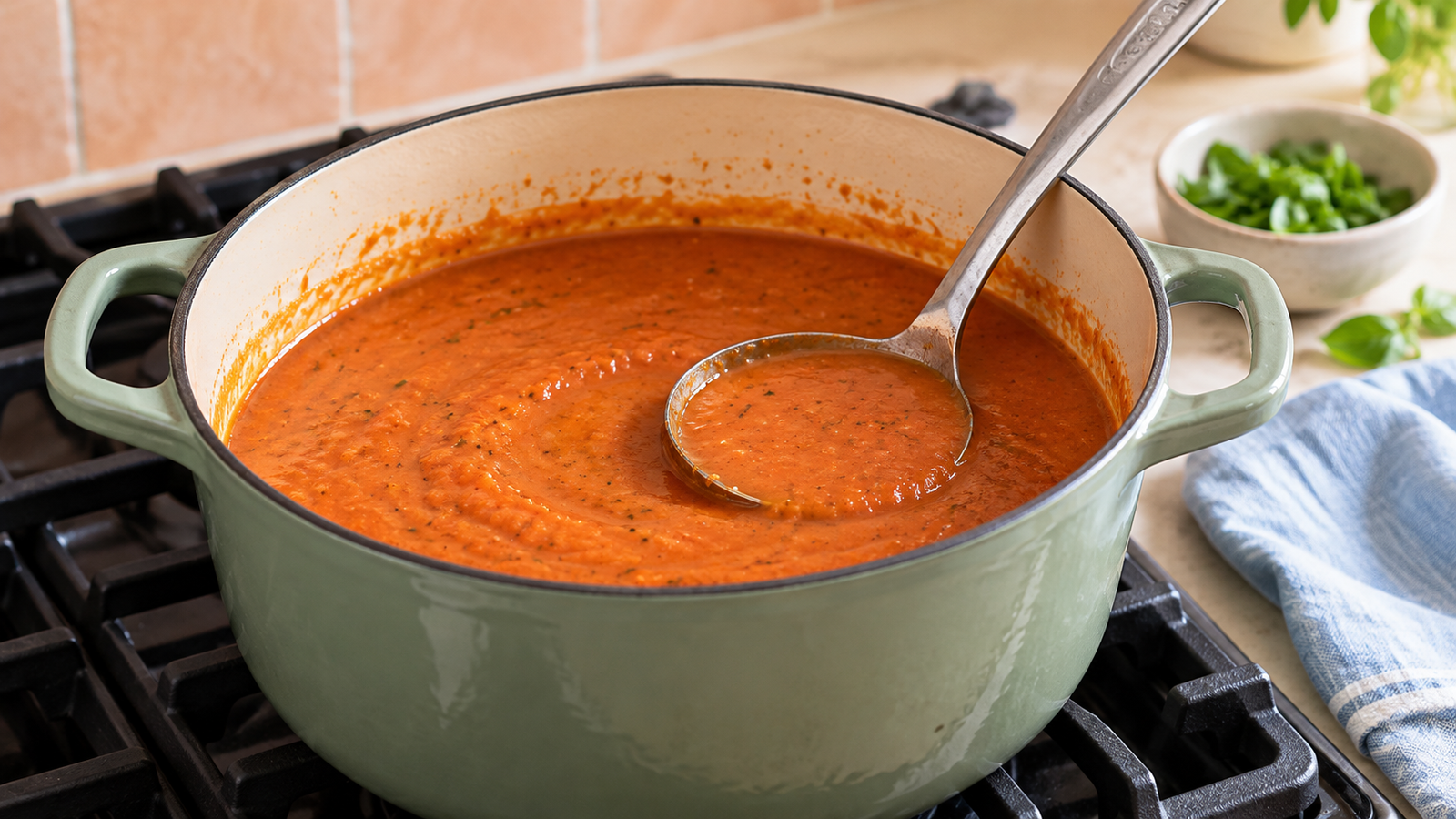 A ladle of blended tomato and red pepper soup in a sage-green pot, showing its thick, spoonable texture.