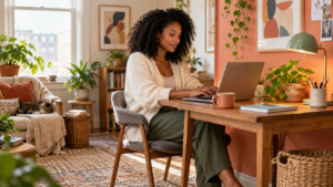 Black woman using a laptop at a wooden desk with a coral wall, sage lamp and leafy plants.