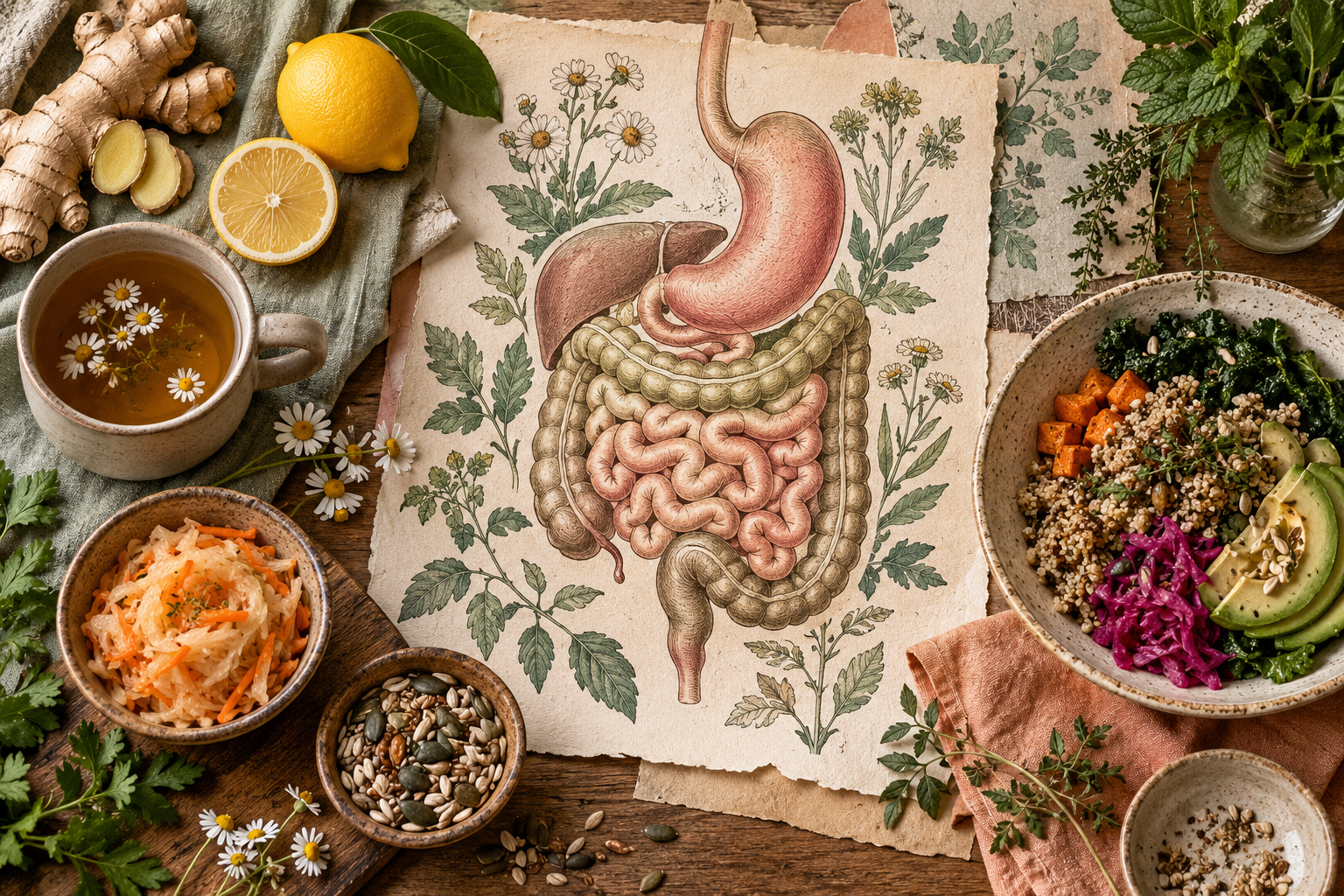 Lifvyt botanical illustration representing the gut microbiome as a living ecosystem