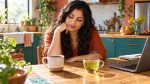 Millennial woman sitting at a colorful kitchen table with a mug of coffee and a glass cup of green tea