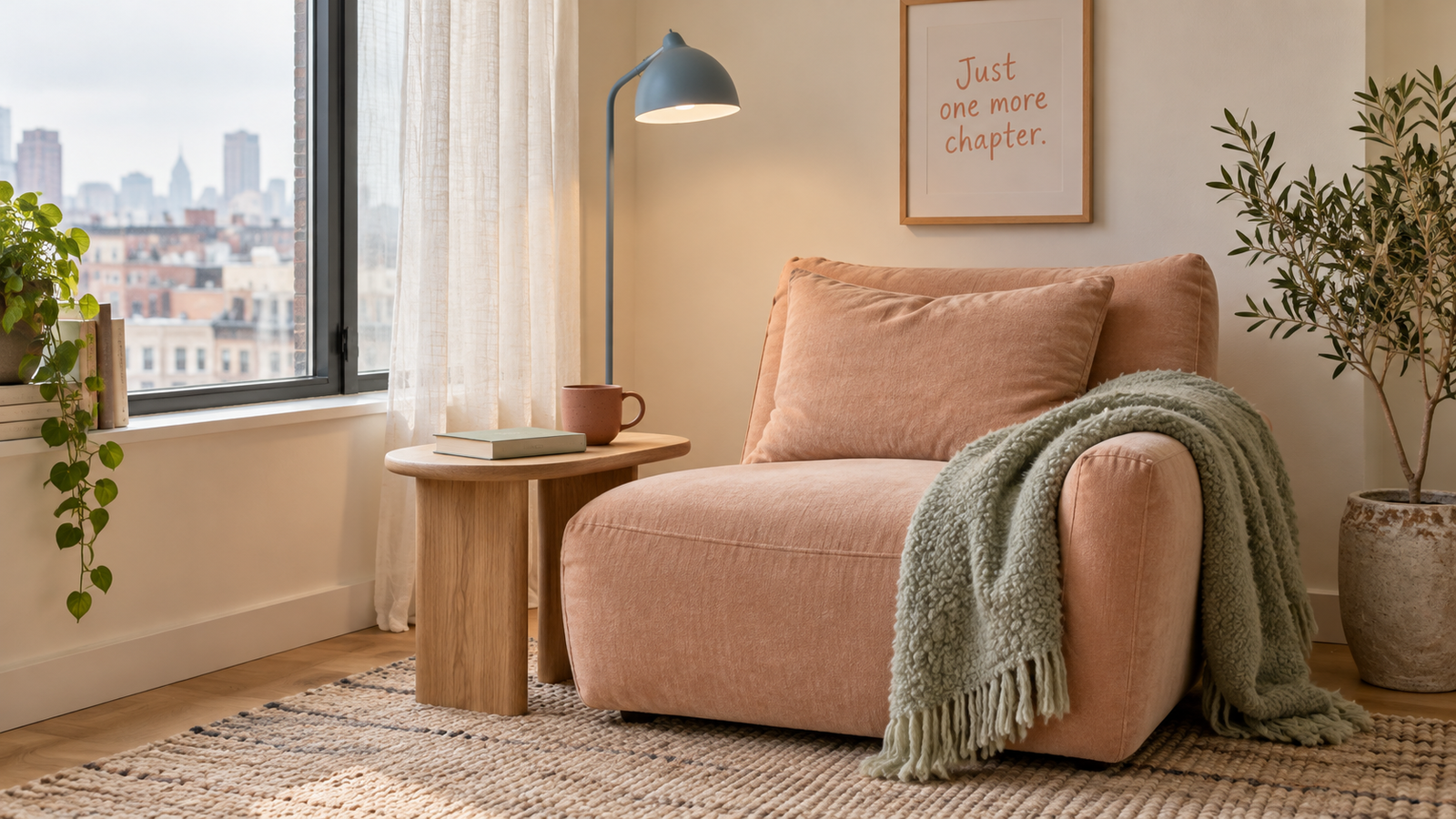 Peach armchair with a sage throw, blue floor lamp and Just one more chapter print