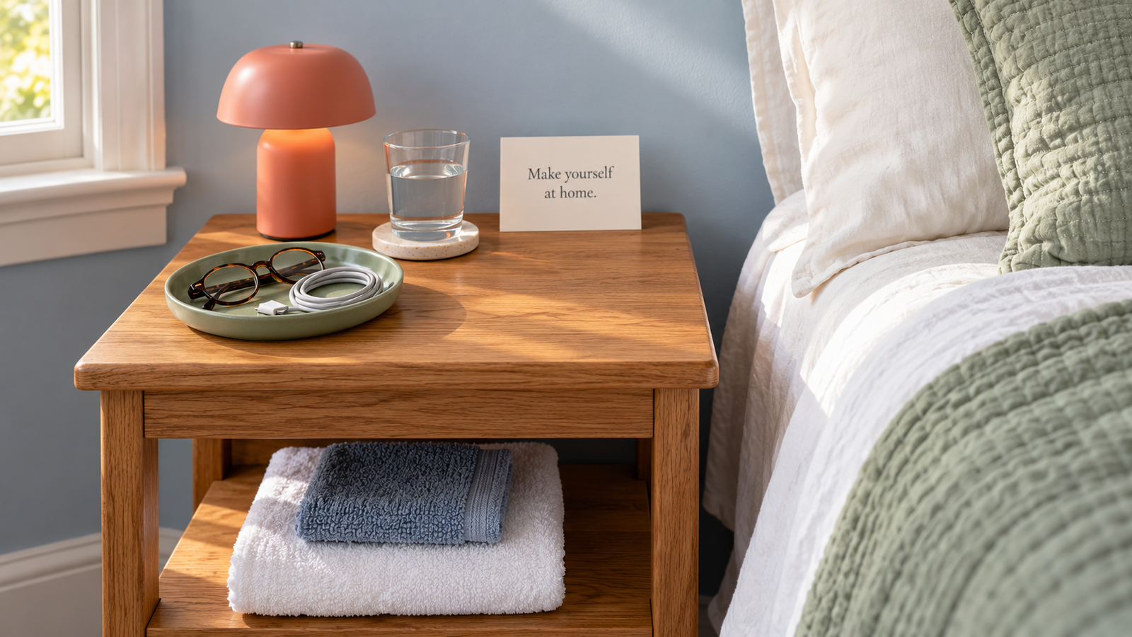 Coral bedside lamp, water glass, charging cable and welcome note on a wooden table beside guest bedding.