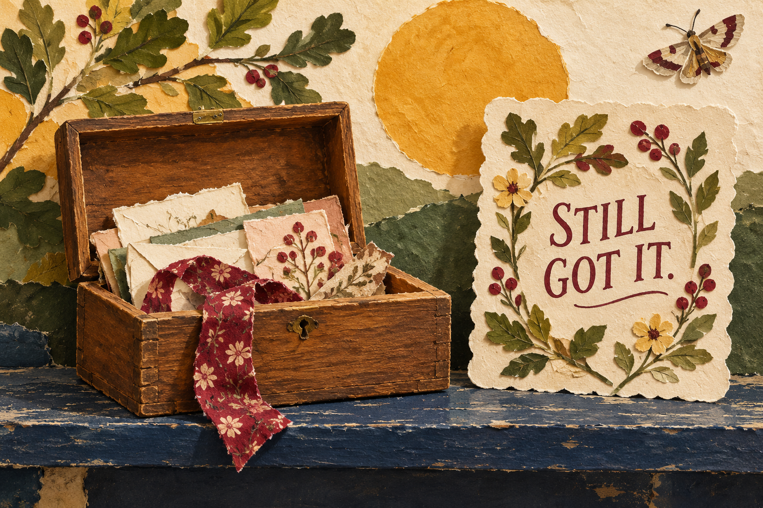 Paper collage of an open wooden keepsake box filled with letters beside a botanical print reading “Still got it.”