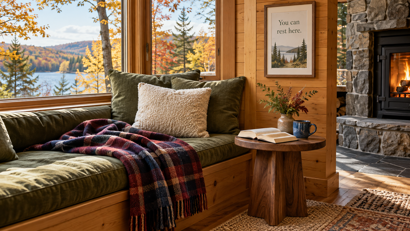 Green window seat with a plaid blanket beside a stone fireplace and autumn lake view