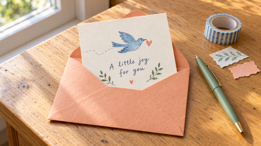 Handmade blue-bird card reading A little joy for you inside a peach envelope, beside a sage pen and striped tape.