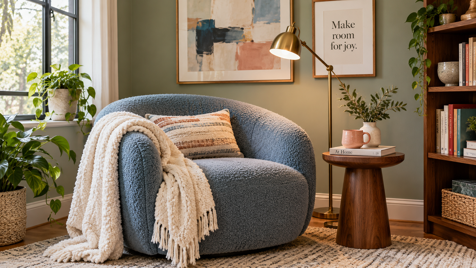Blue boucle chair with an ivory throw, brass reading lamp and Make room for joy print