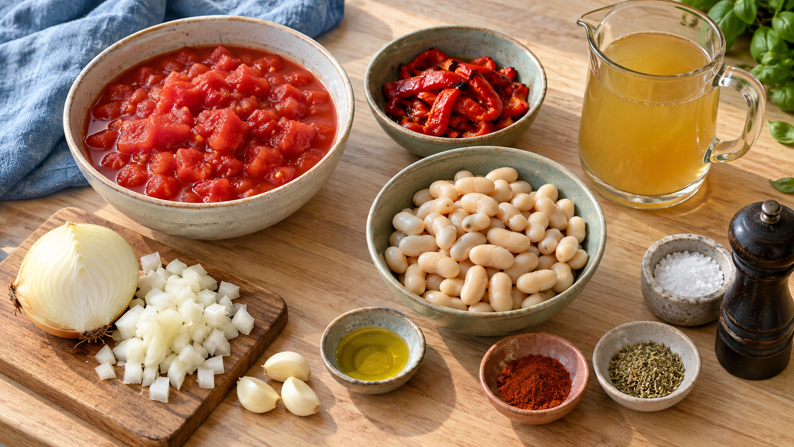 Bowls of canned tomatoes, roasted red peppers and cannellini beans with onion, garlic, broth, olive oil and seasonings.