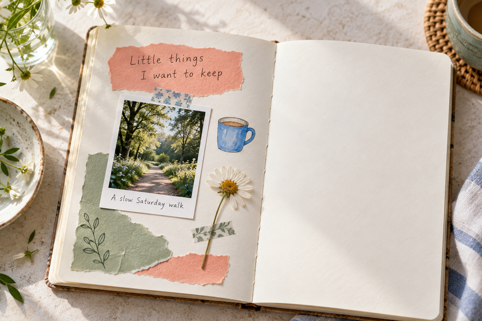 Memory journal page with a park photograph, a blue mug drawing, a daisy and torn pastel paper