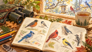 Open birdwatching journal with illustrated North American birds, binoculars, tea and birds outside the window.
