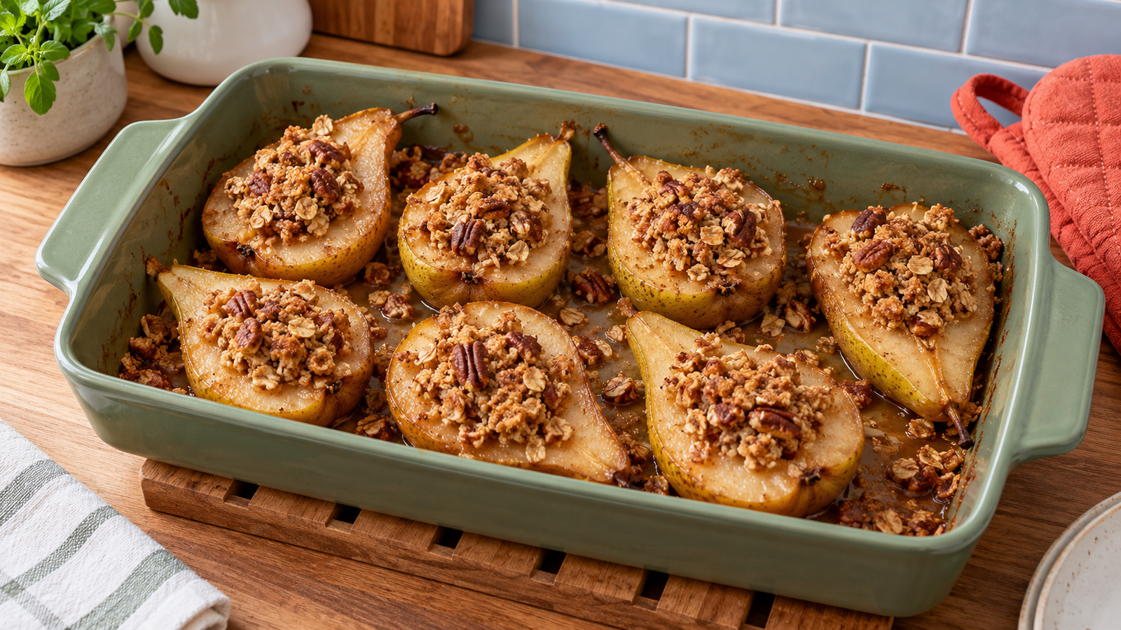 Baked pear halves topped with golden oat crumble in a sage-green baking dish.