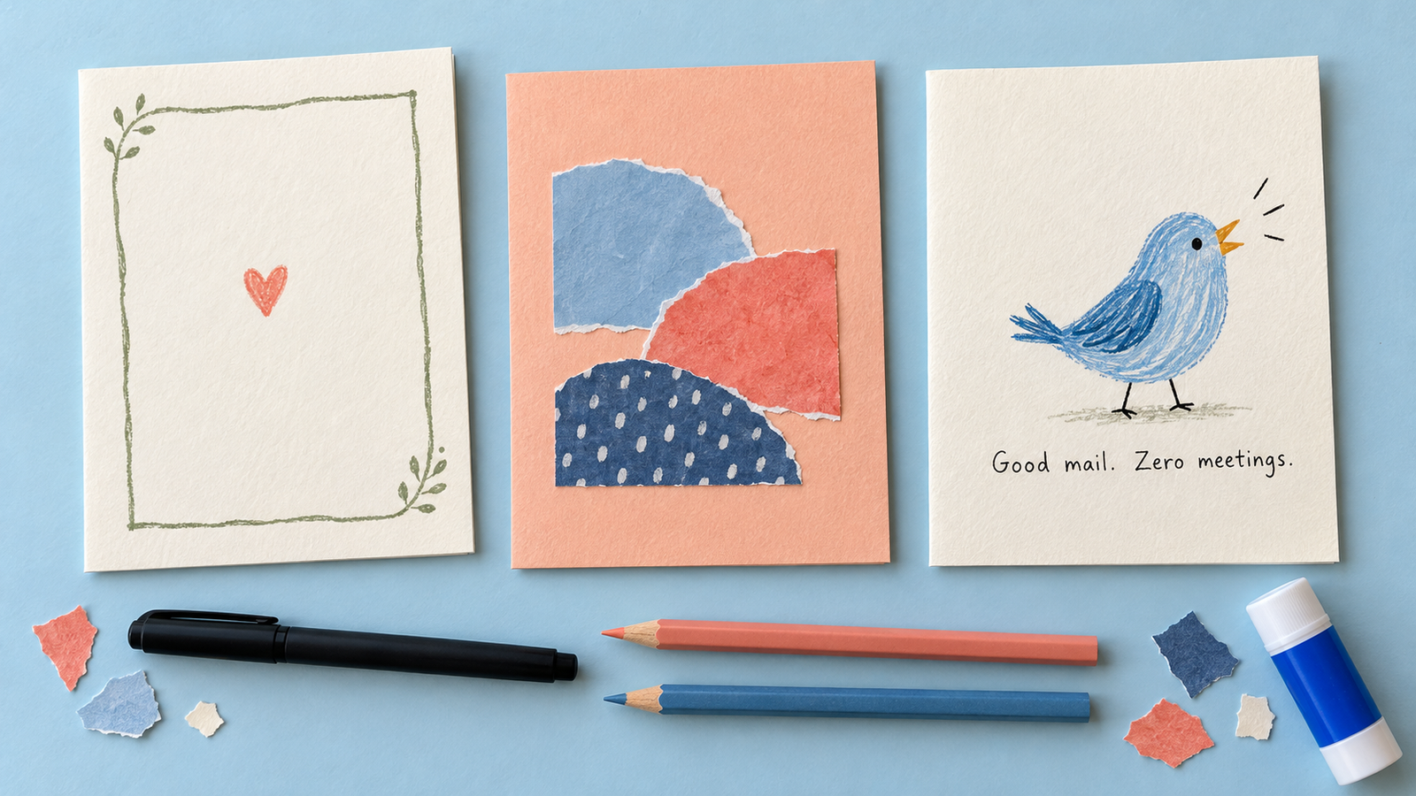 Three handmade cards with a green border and heart, torn-paper shapes, and a blue bird captioned Good mail. Zero meetings.