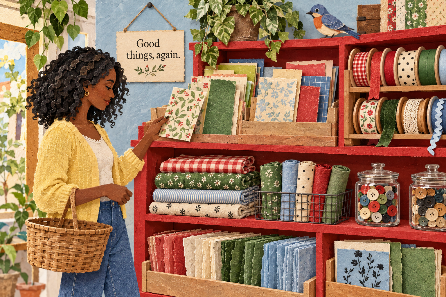 Paper-collage woman browsing patterned paper beside red craft-supply shelves and a sign reading Good things, again.