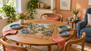 Cozy puzzle table with a cottage jigsaw, blue sorting trays and a Small progress counts wall print.