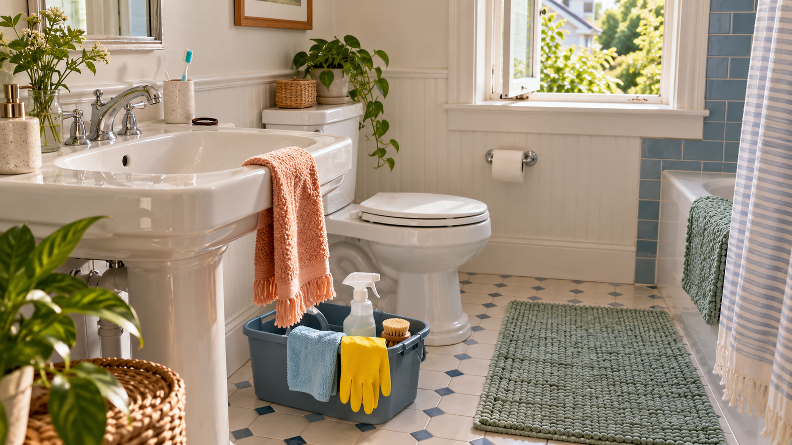 Bright bathroom with a peach towel, sage bath mat and cleaning caddy holding a spray bottle, cloth, gloves and brush.