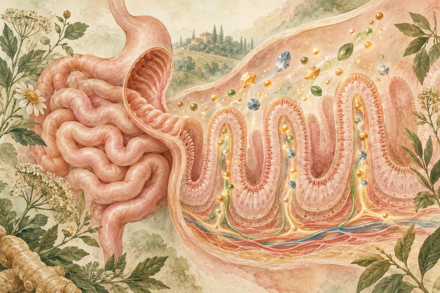 Soft botanical microbiome illustration for the Lifvyt Anatomy of a Calm Gut series