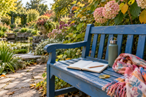 Book, tea and pastry at a colorful bookstore café window table