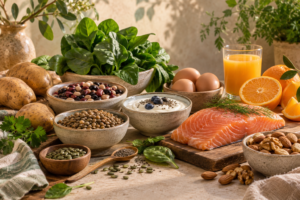 Mineral-rich foods including greens, beans, salmon, yogurt, eggs, potatoes, nuts, seeds and orange juice