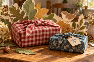 Red gingham and blue floral fabric-wrapped gifts beside layered paper leaves and a paper wren.