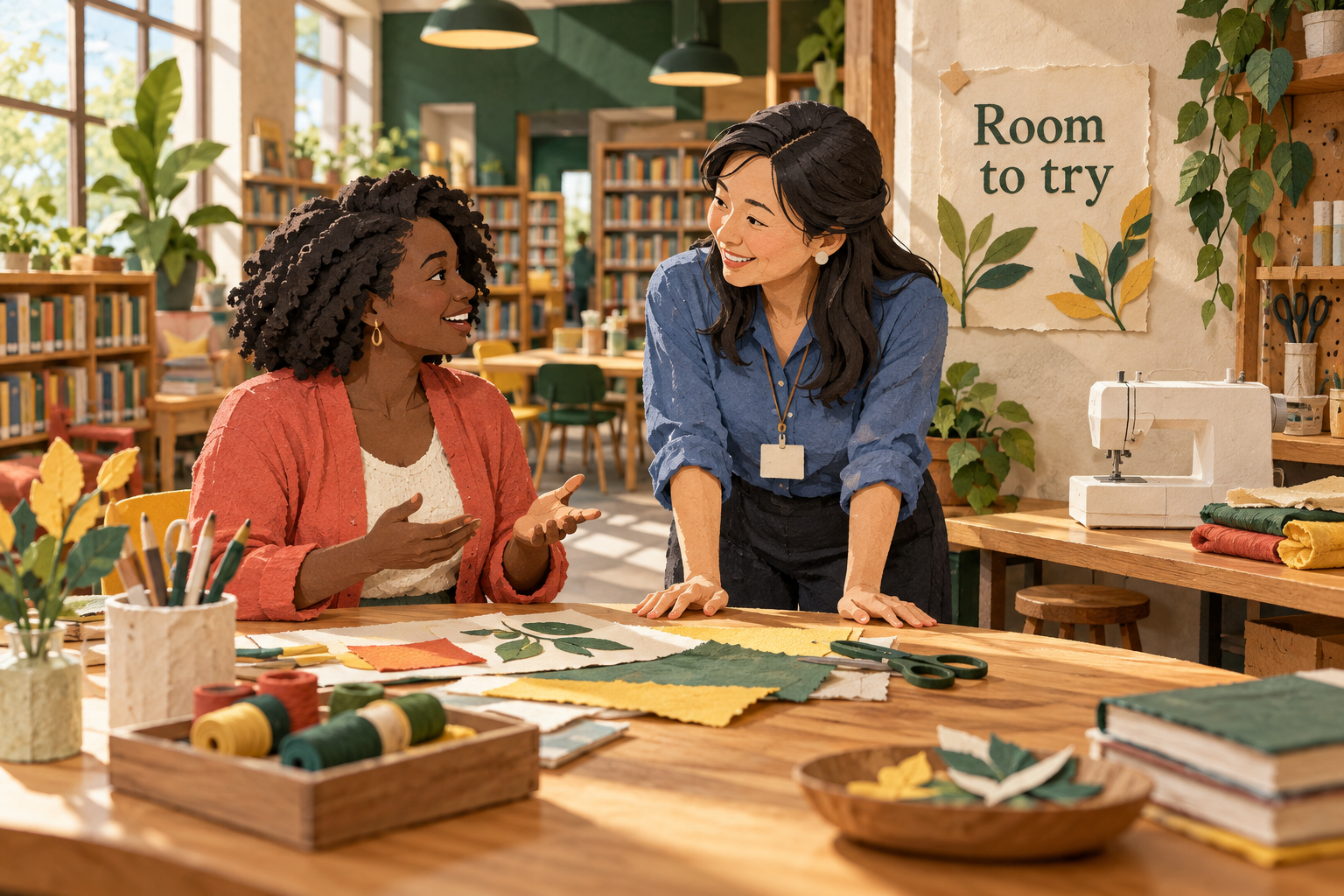 Paper-art illustration of two women talking at a library craft table beside a sewing machine and a Room to try sign.