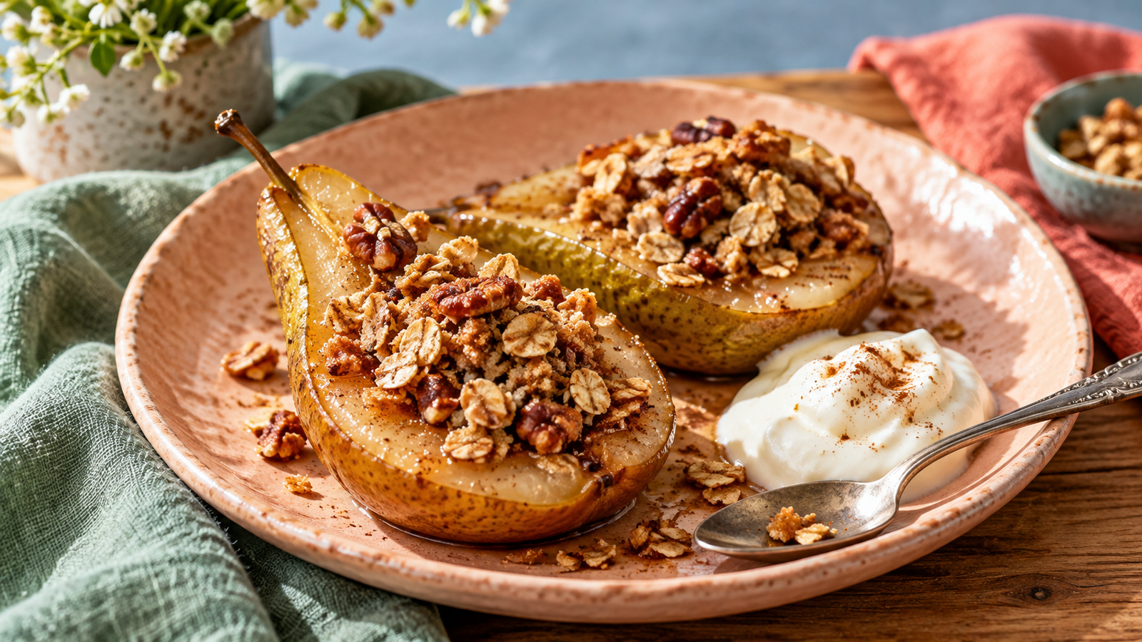 Two baked pear halves with oat and pecan crumble on a peach plate beside yogurt.