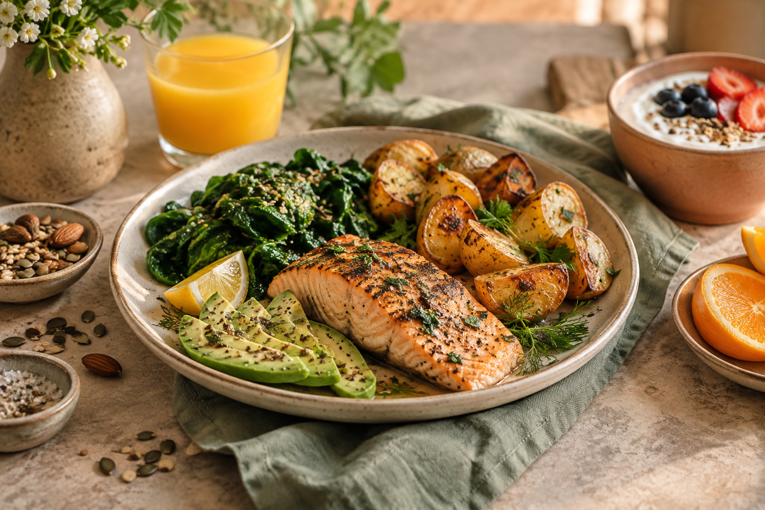 Colorful mineral-rich foods including fruit, vegetables, beans, grains, nuts and seeds