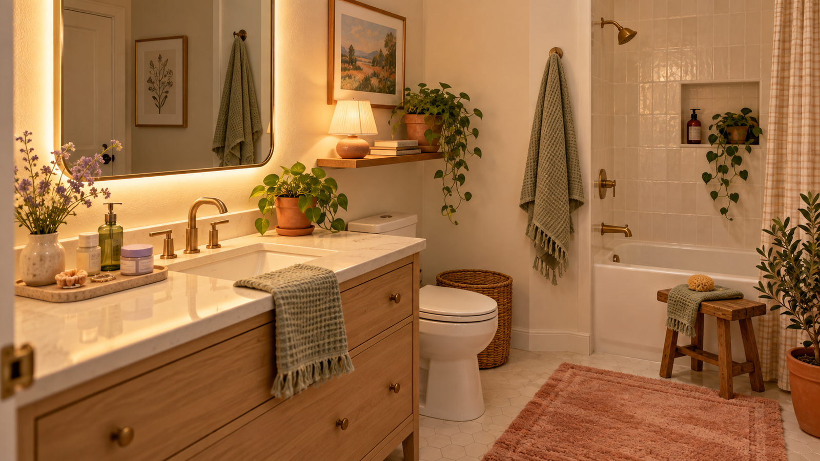 Cozy bathroom with soft mirror lighting, sage towels, peach rug and warm shelf lamp