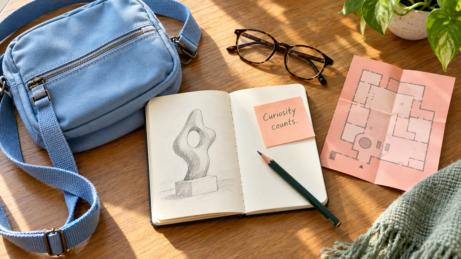 Blue bag, pocket sketchbook, pencil, glasses and a paper gallery map beside a note reading Curiosity counts.