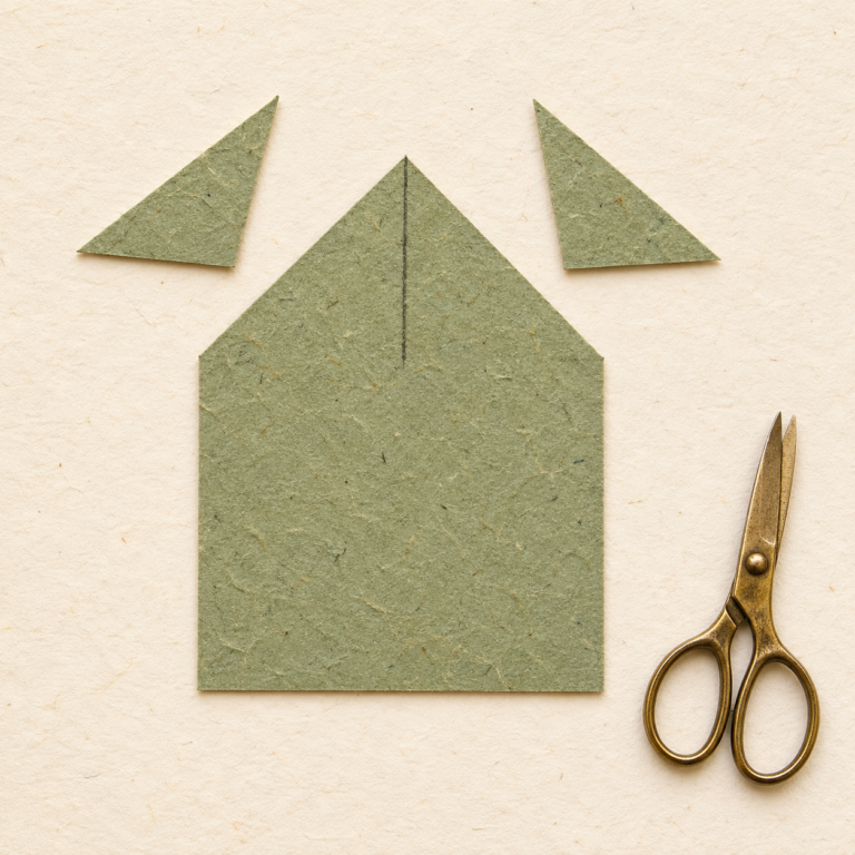 Sage paper house silhouette beside two triangular offcuts and scissors.