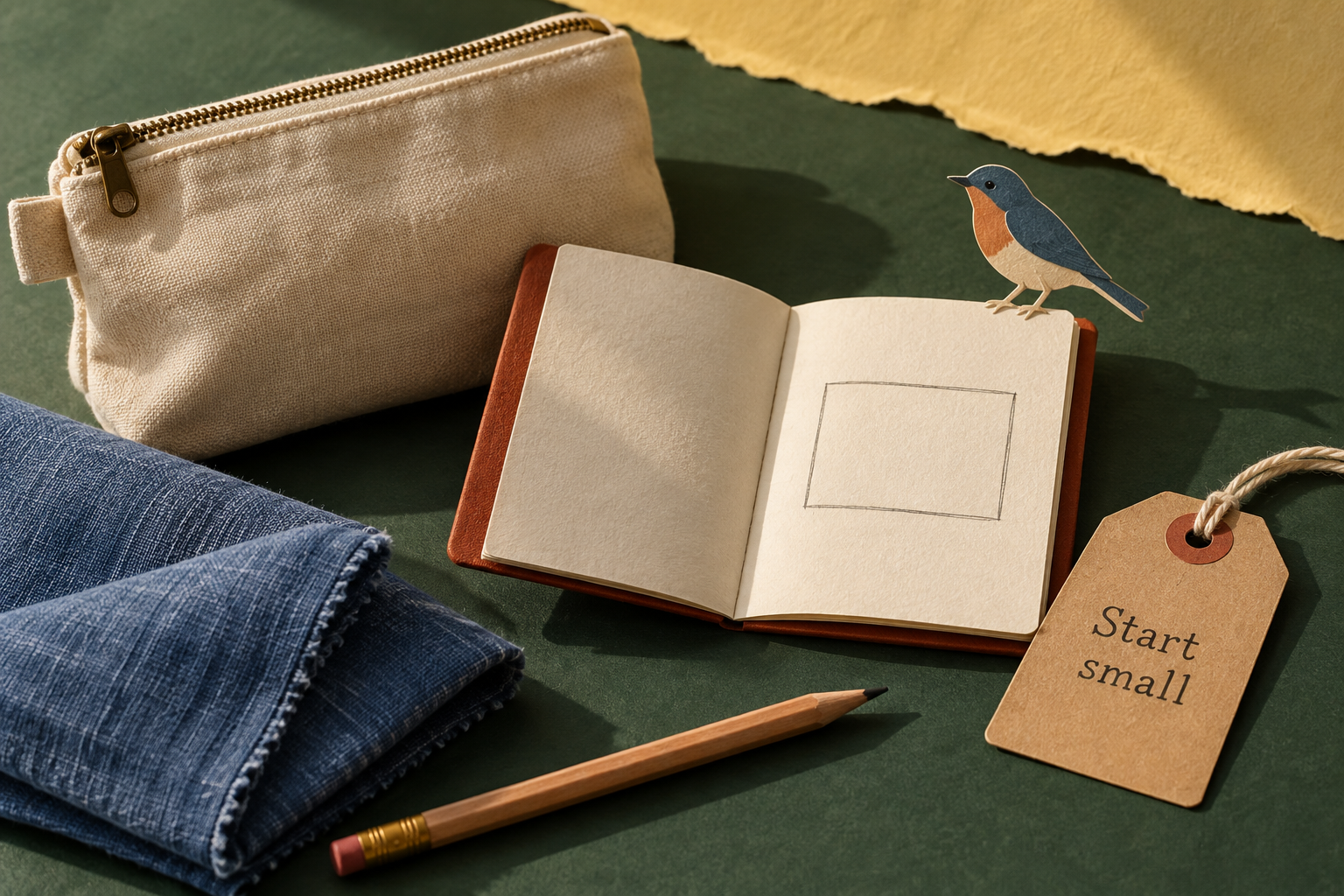 Notebook, pencil, cotton pouch and blue fabric sample with a Start small tag and paper bird.